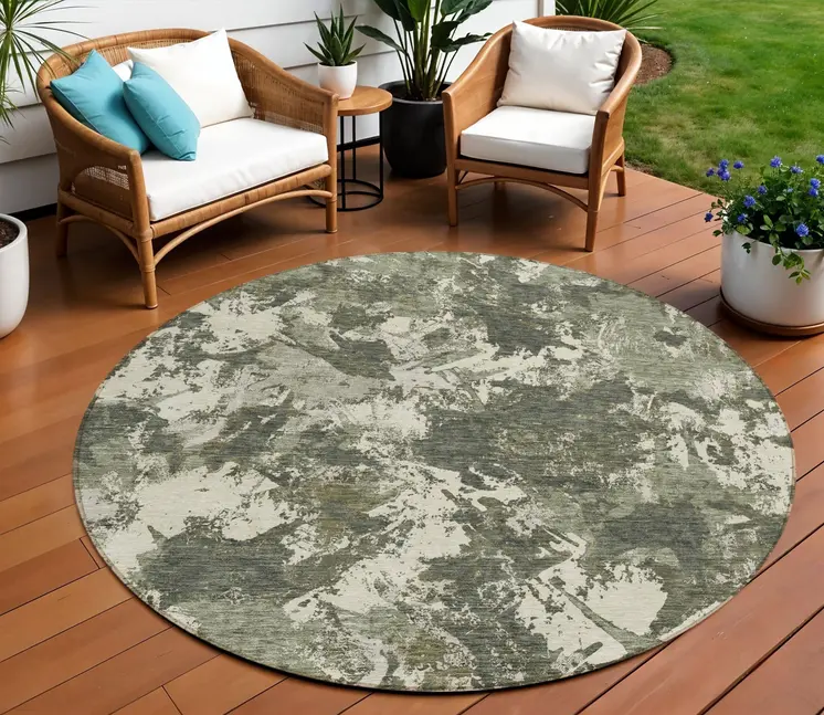 8' Olive Green And Ivory Round Floral Washable Indoor Outdoor Area Rug