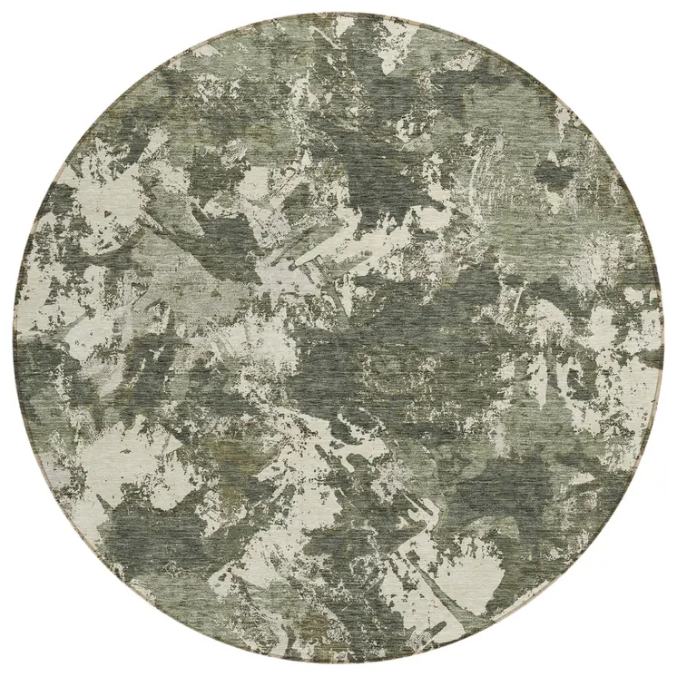 8' Olive Green And Ivory Round Floral Washable Indoor Outdoor Area Rug