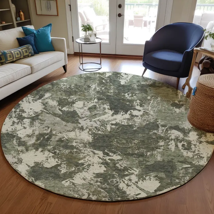 8' Olive Green And Ivory Round Floral Washable Indoor Outdoor Area Rug