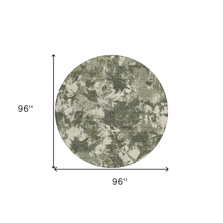 8' Olive Green And Ivory Round Floral Washable Indoor Outdoor Area Rug