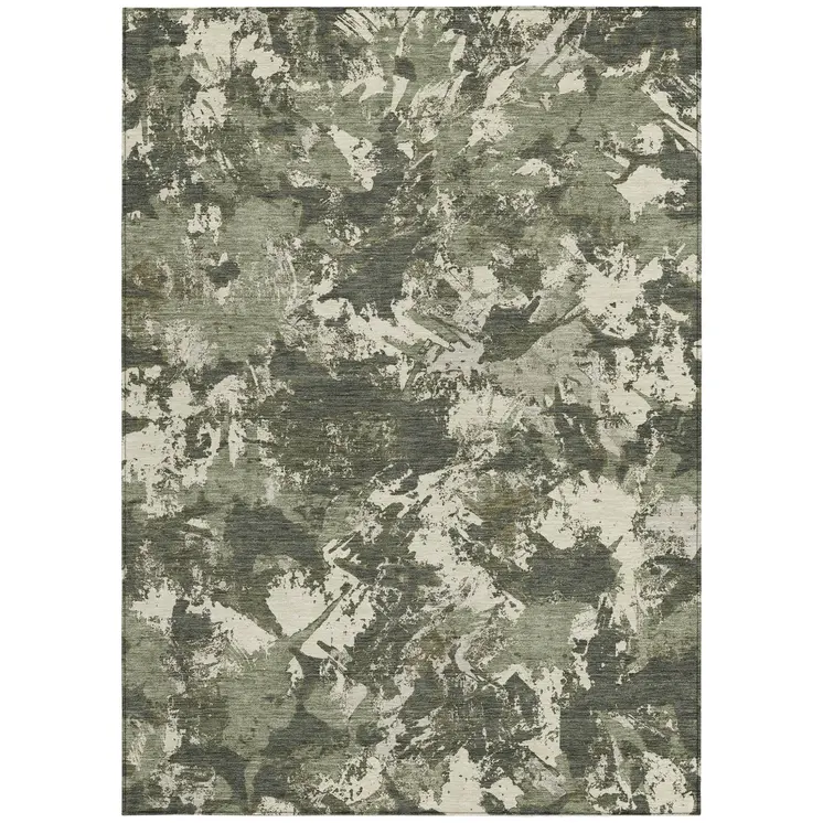 8' X 10' Olive Green And Ivory Floral Washable Indoor Outdoor Area Rug