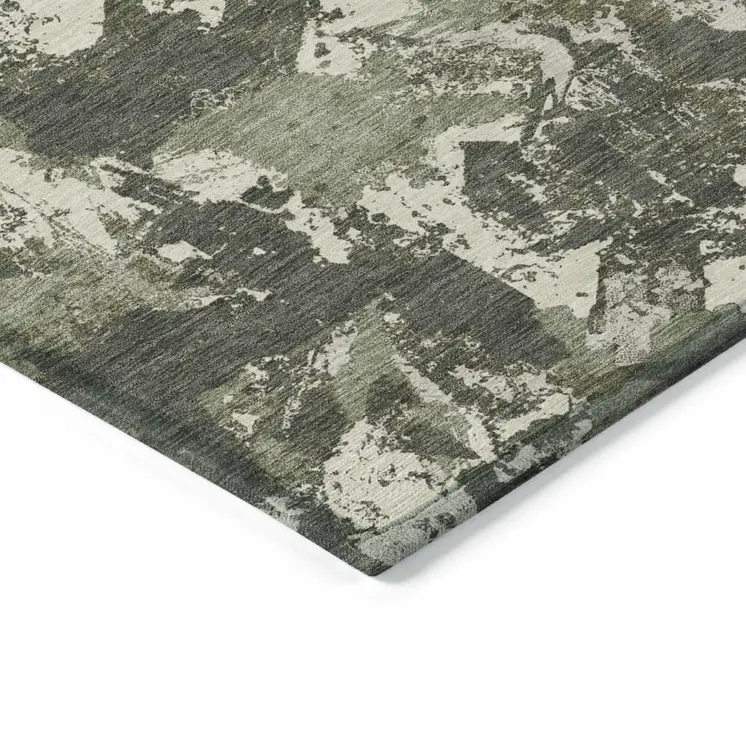 8' X 10' Olive Green And Ivory Floral Washable Indoor Outdoor Area Rug