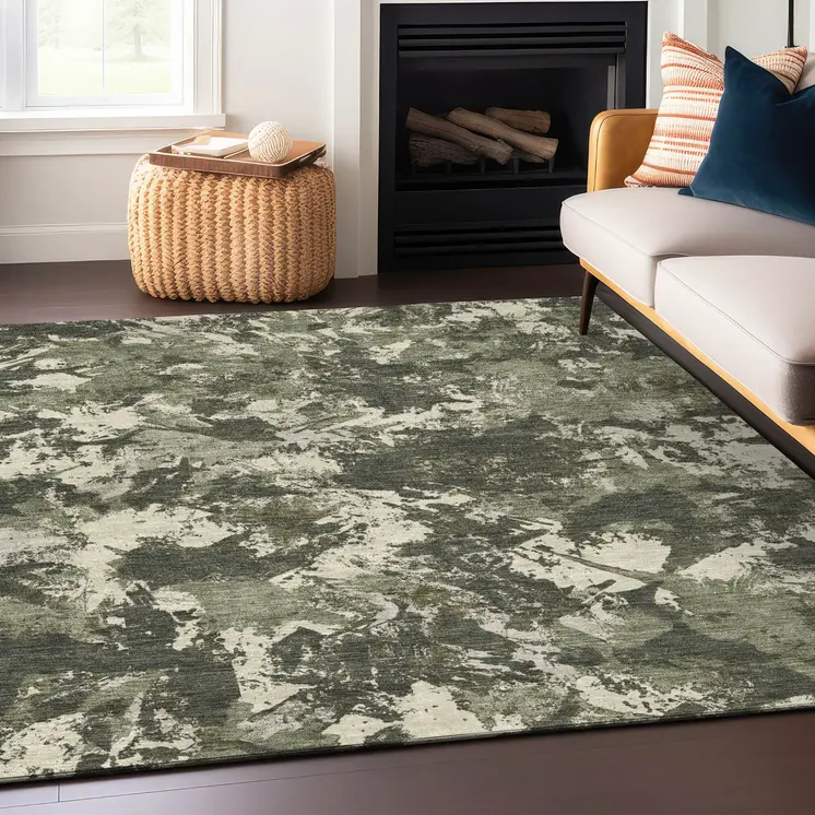 9' X 12' Olive Green And Ivory Floral Washable Indoor Outdoor Area Rug