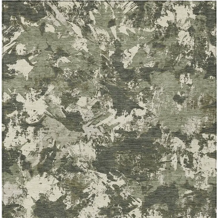 10' X 14' Olive Green And Ivory Floral Washable Indoor Outdoor Area Rug