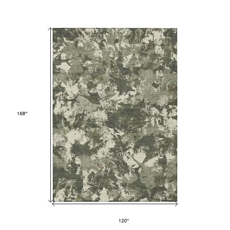 10' X 14' Olive Green And Ivory Floral Washable Indoor Outdoor Area Rug