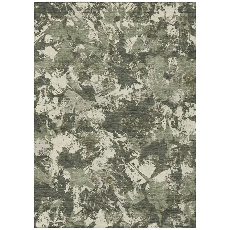 10' X 14' Olive Green And Ivory Floral Washable Indoor Outdoor Area Rug