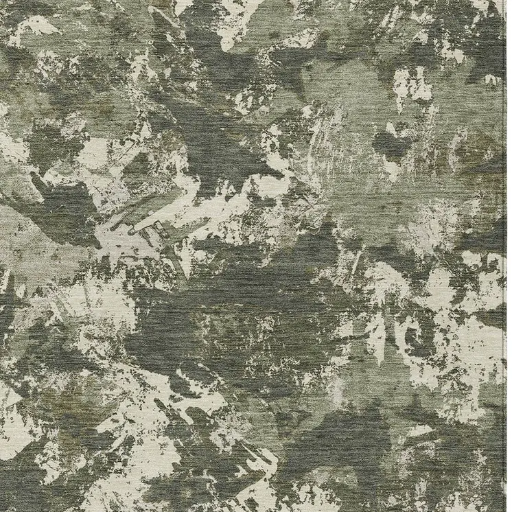 10' X 14' Olive Green And Ivory Floral Washable Indoor Outdoor Area Rug