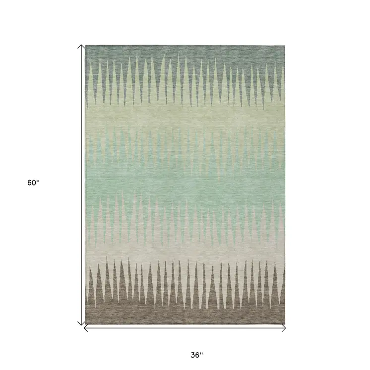 3' X 5' Artichoke Green Beige And Brown Striped Washable Indoor Outdoor Area Rug