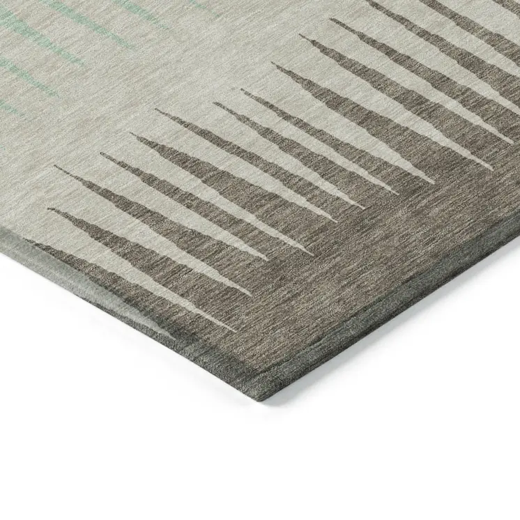 3' X 5' Artichoke Green Beige And Brown Striped Washable Indoor Outdoor Area Rug