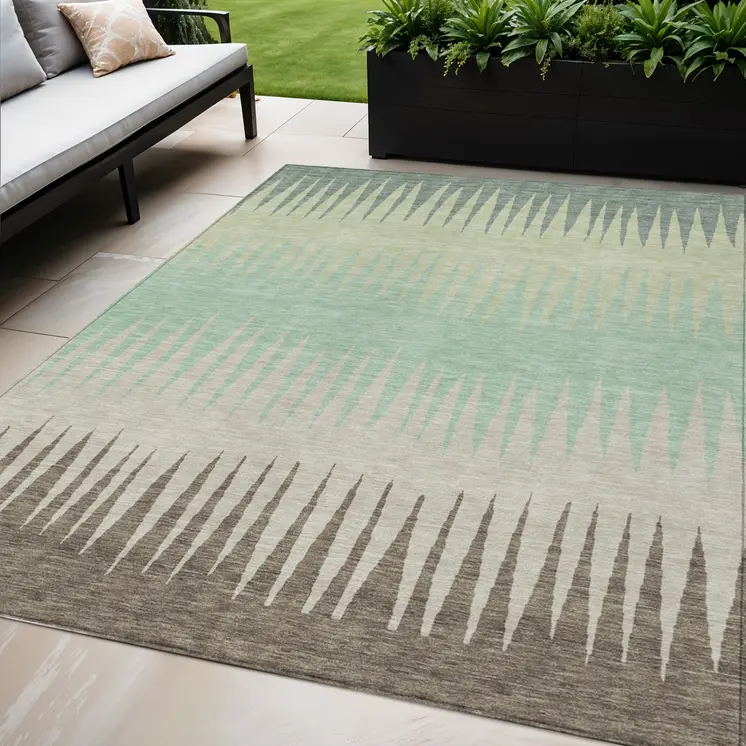 5' X 8' Artichoke Green Beige And Brown Striped Washable Indoor Outdoor Area Rug
