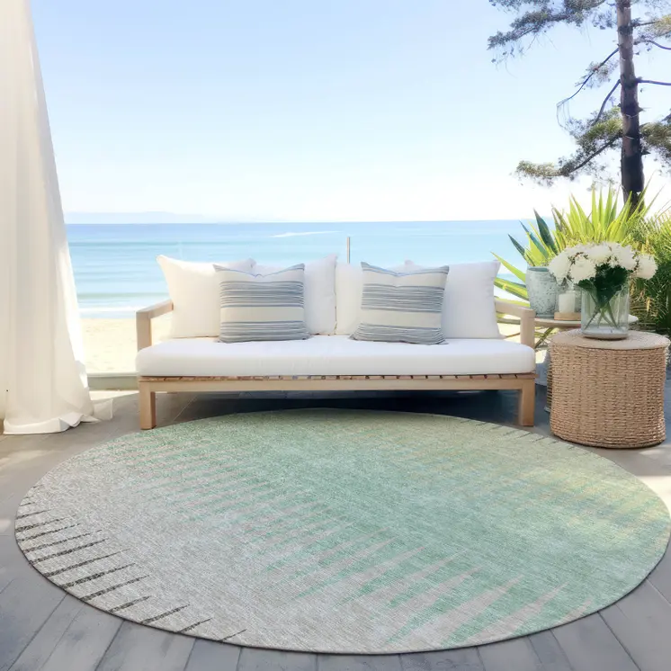 8' Artichoke Green And Beige Round Striped Washable Indoor Outdoor Area Rug