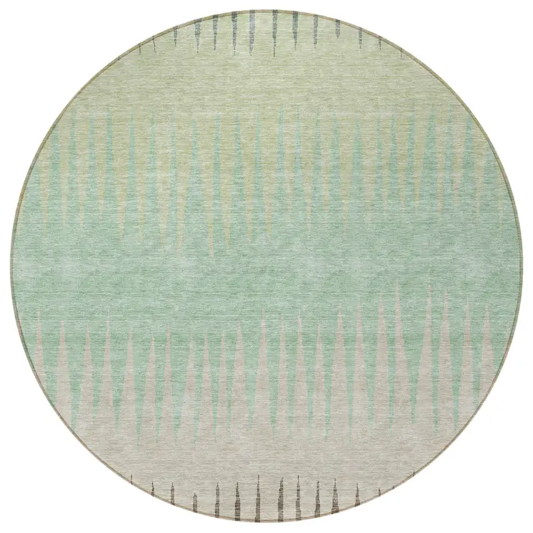 8' Artichoke Green And Beige Round Striped Washable Indoor Outdoor Area Rug