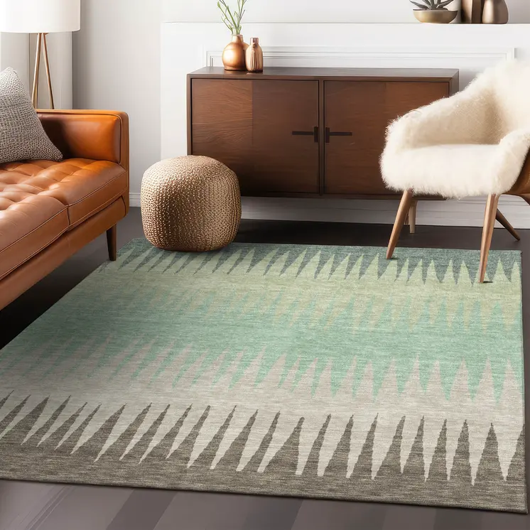 8' X 10' Artichoke Green Beige And Brown Striped Washable Indoor Outdoor Area Rug