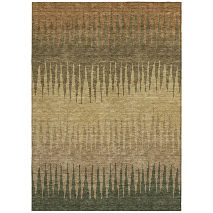 3' X 5' Brown Beige And Green Striped Washable Indoor Outdoor Area Rug