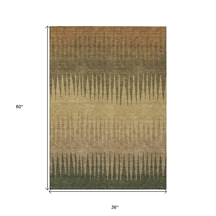 3' X 5' Brown Beige And Green Striped Washable Indoor Outdoor Area Rug