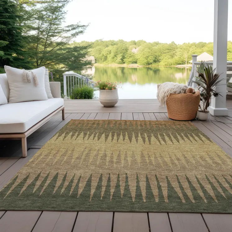 3' X 5' Brown Beige And Green Striped Washable Indoor Outdoor Area Rug