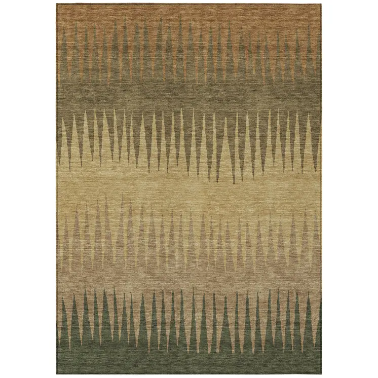 3' X 5' Brown Beige And Green Striped Washable Indoor Outdoor Area Rug