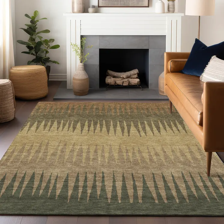 3' X 5' Brown Beige And Green Striped Washable Indoor Outdoor Area Rug