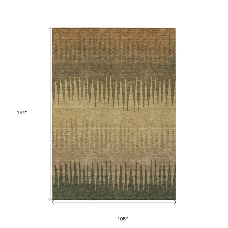 9' X 12' Brown Beige And Green Striped Washable Indoor Outdoor Area Rug