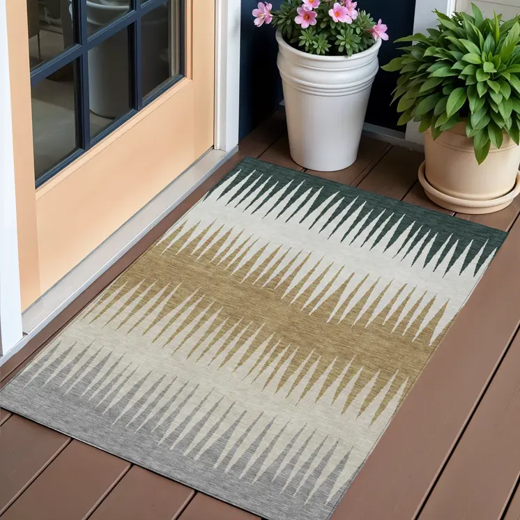 3' X 5' Charcoal Beige And Brown Striped Washable Indoor Outdoor Area Rug