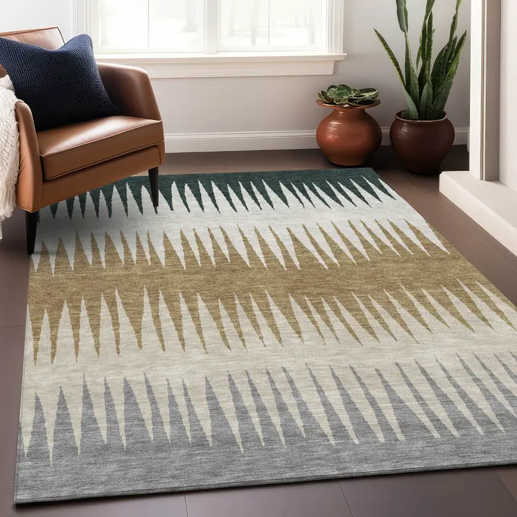 5' X 8' Charcoal Beige And Brown Striped Washable Indoor Outdoor Area Rug