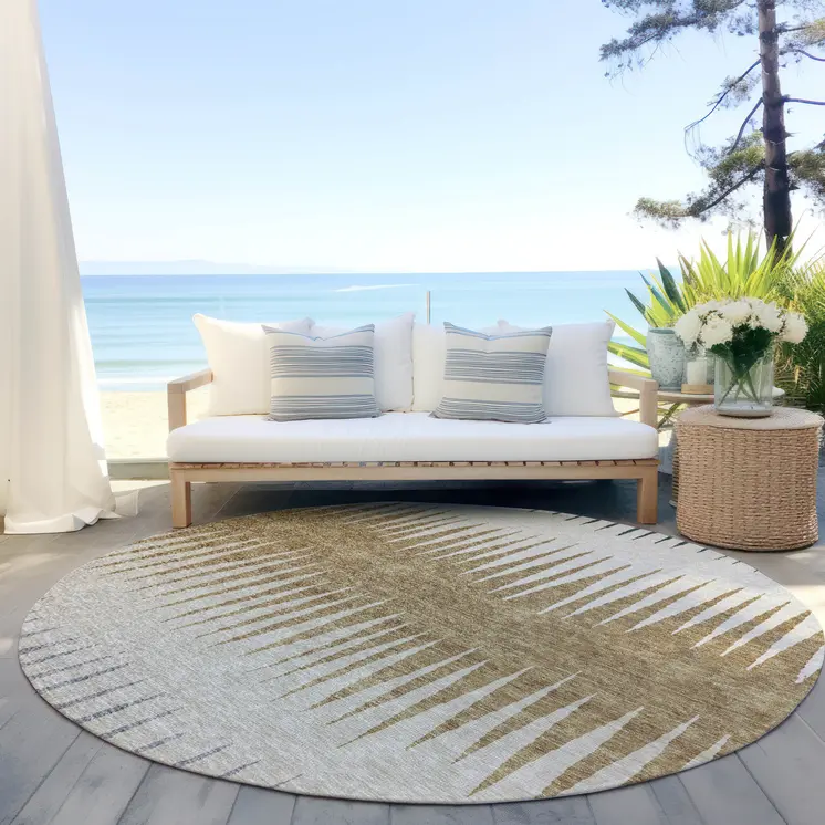 8' Charcoal Beige And Brown Round Striped Washable Indoor Outdoor Area Rug