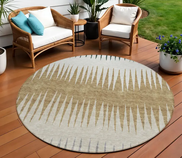 8' Charcoal Beige And Brown Round Striped Washable Indoor Outdoor Area Rug