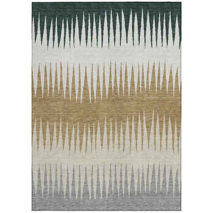 8' X 10' Charcoal Beige And Brown Striped Washable Indoor Outdoor Area Rug