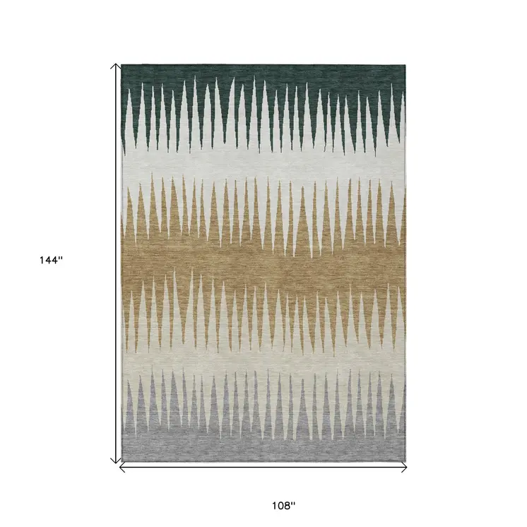 9' X 12' Charcoal Beige And Brown Striped Washable Indoor Outdoor Area Rug