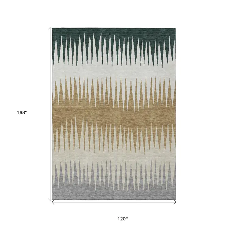 10' X 14' Charcoal Beige And Brown Striped Washable Indoor Outdoor Area Rug