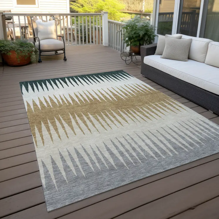 10' X 14' Charcoal Beige And Brown Striped Washable Indoor Outdoor Area Rug