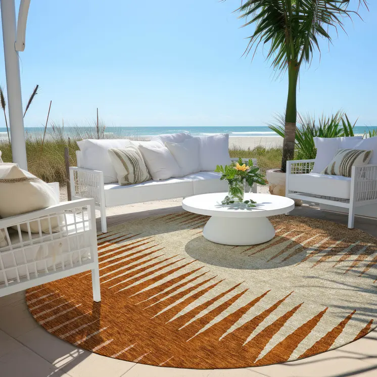 8' Copper Brown And Beige Round Striped Washable Indoor Outdoor Area Rug