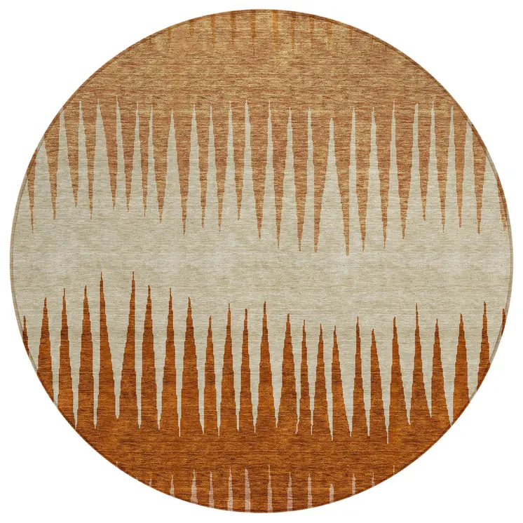 8' Copper Brown And Beige Round Striped Washable Indoor Outdoor Area Rug