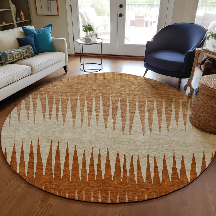 8' Copper Brown And Beige Round Striped Washable Indoor Outdoor Area Rug