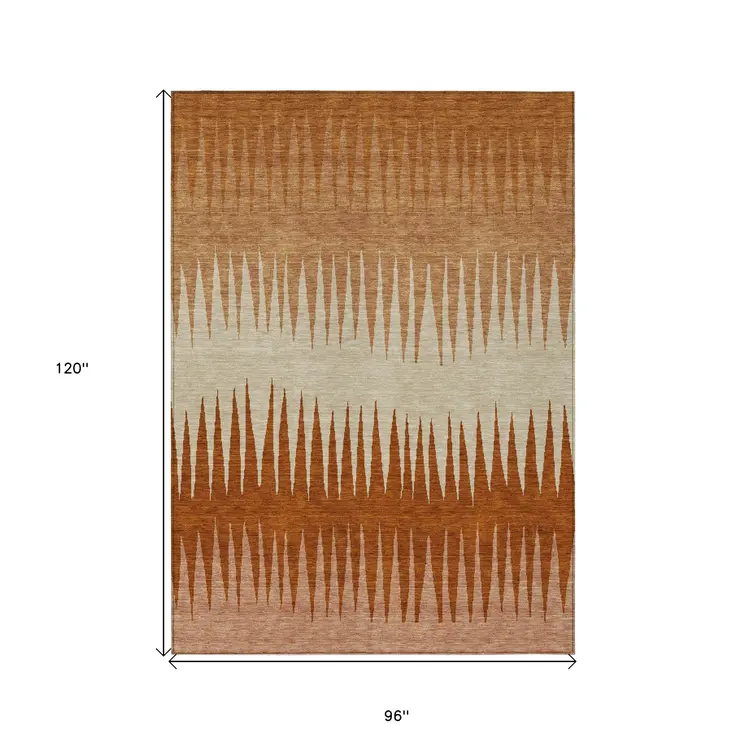 8' X 10' Copper Brown And Beige Striped Washable Indoor Outdoor Area Rug