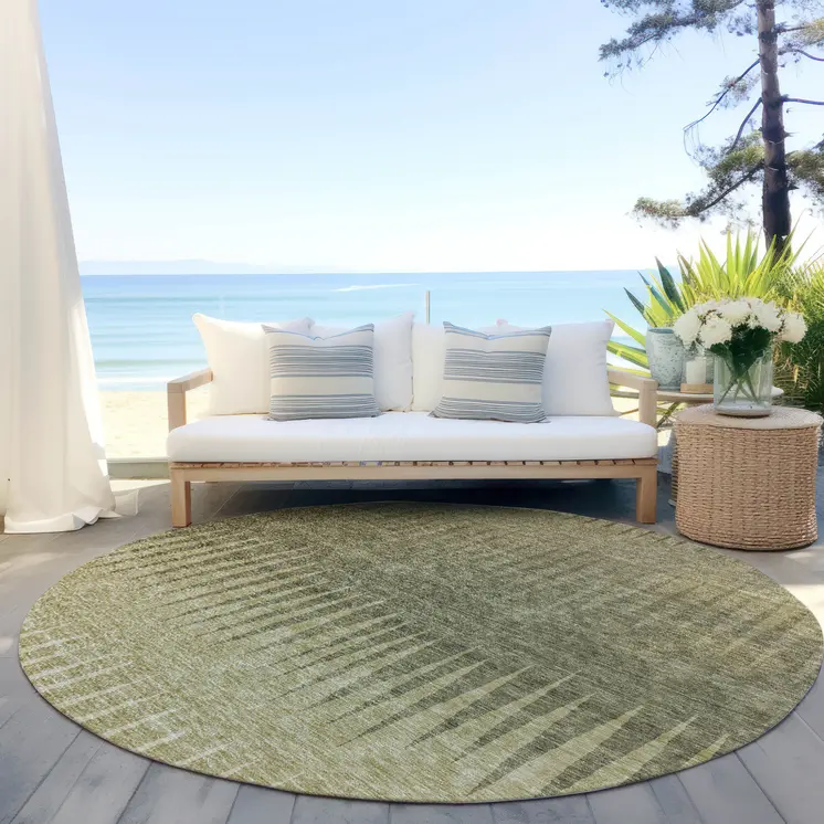 8' Green And Light Green Round Striped Washable Indoor Outdoor Area Rug