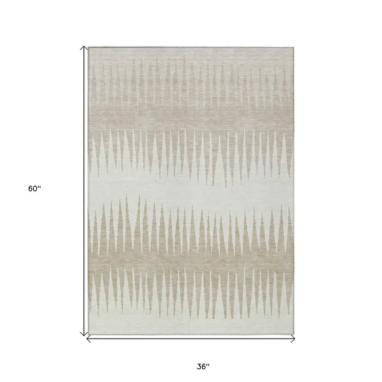 3' X 5' Ivory And Beige Striped Washable Indoor Outdoor Area Rug