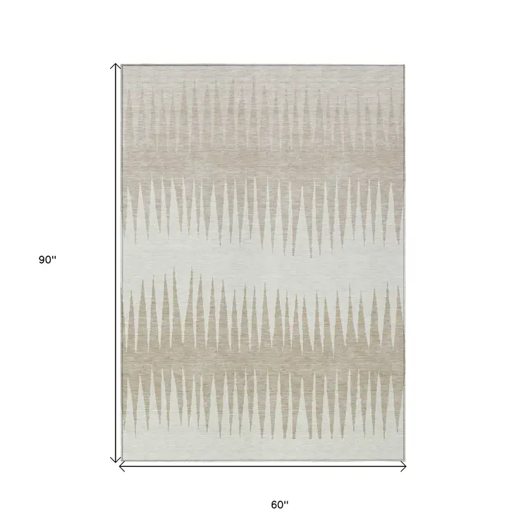 5' X 8' Ivory And Beige Striped Washable Indoor Outdoor Area Rug