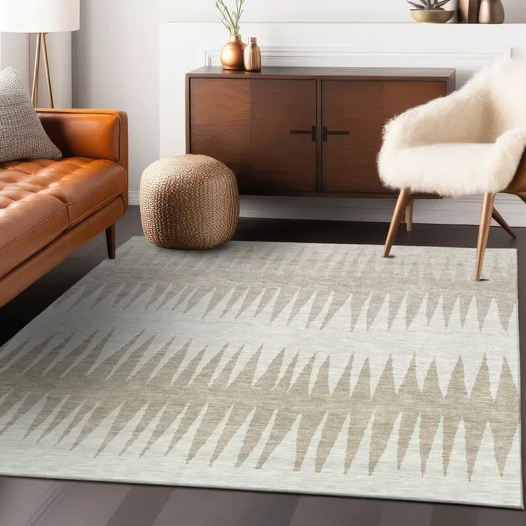 5' X 8' Ivory And Beige Striped Washable Indoor Outdoor Area Rug