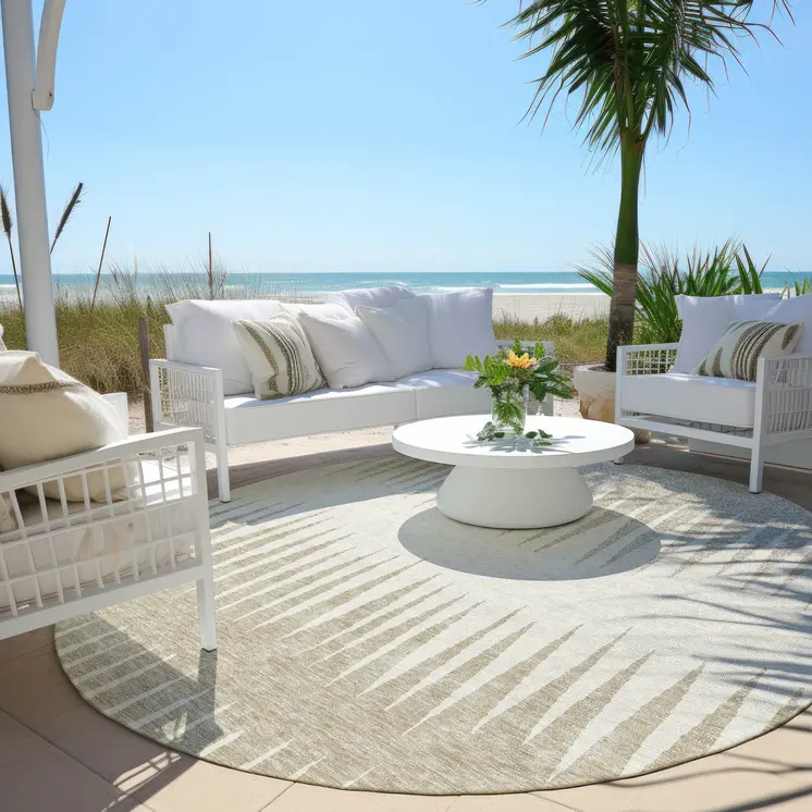 8' Ivory And Beige Round Striped Washable Indoor Outdoor Area Rug
