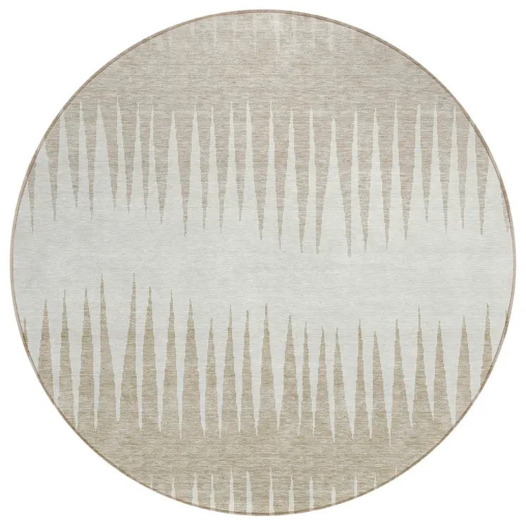 8' Ivory And Beige Round Striped Washable Indoor Outdoor Area Rug