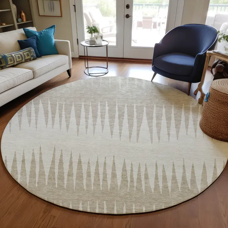 8' Ivory And Beige Round Striped Washable Indoor Outdoor Area Rug