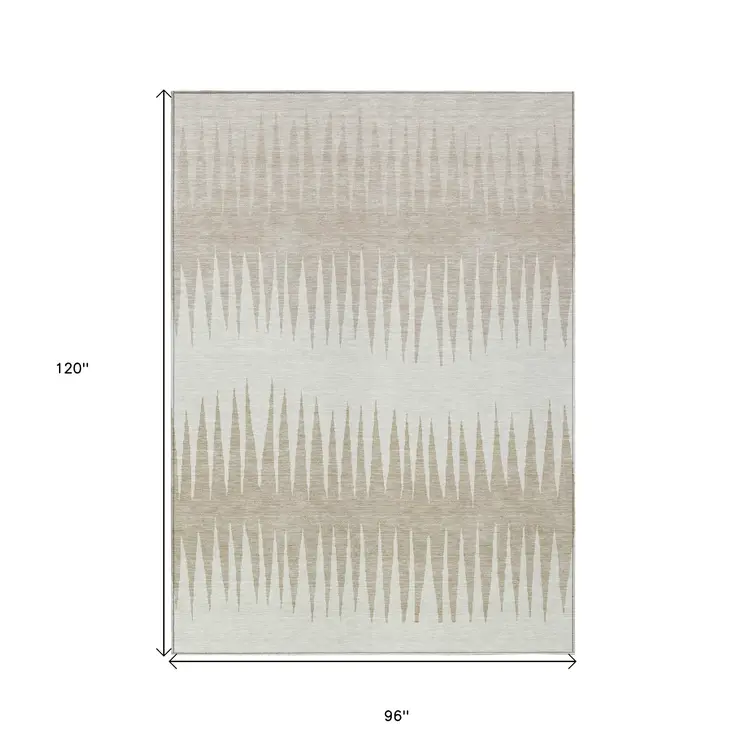 8' X 10' Ivory And Beige Striped Washable Indoor Outdoor Area Rug