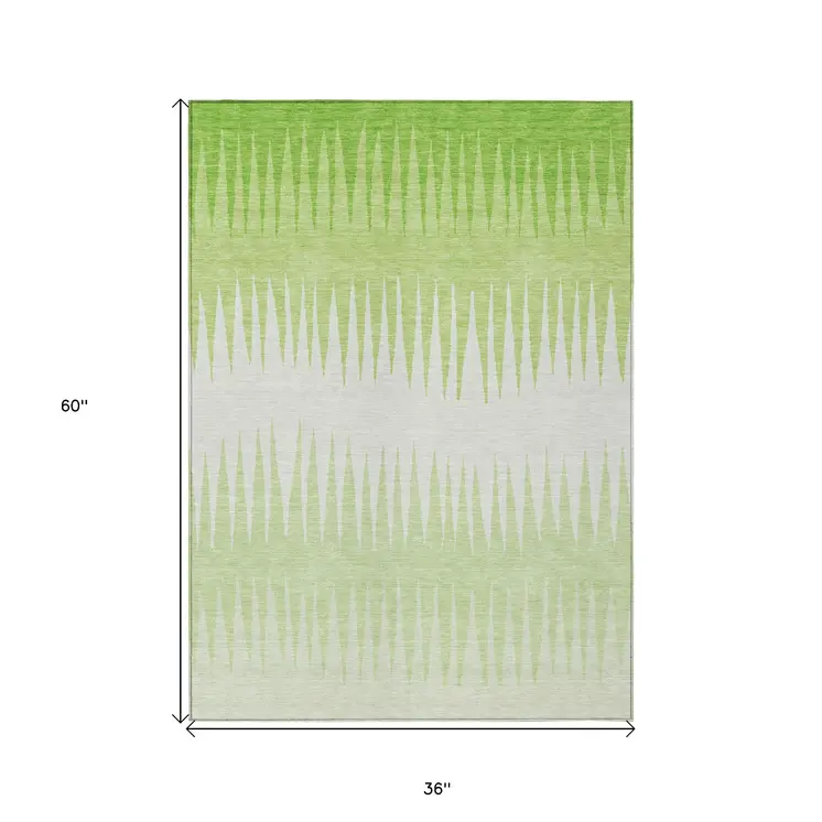 3' X 5' Lime Green And Ivory Striped Washable Indoor Outdoor Area Rug