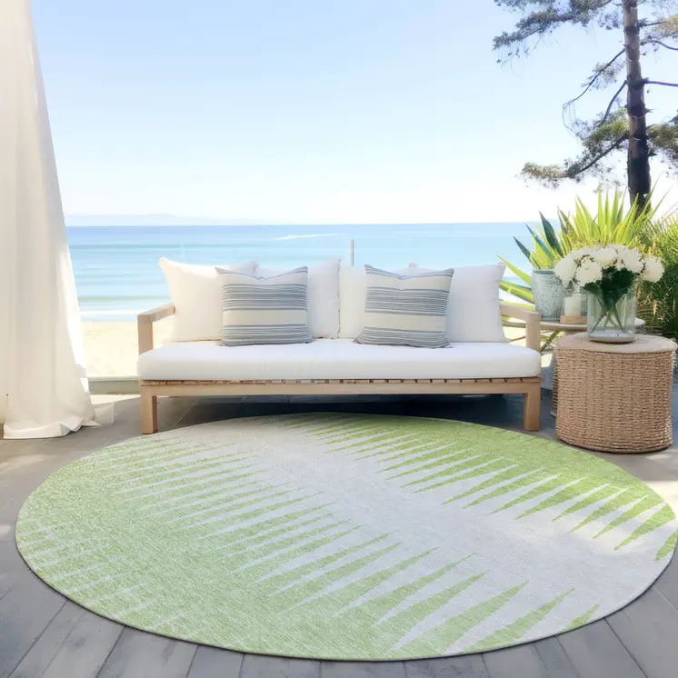8' Lime Green And Ivory Round Striped Washable Indoor Outdoor Area Rug