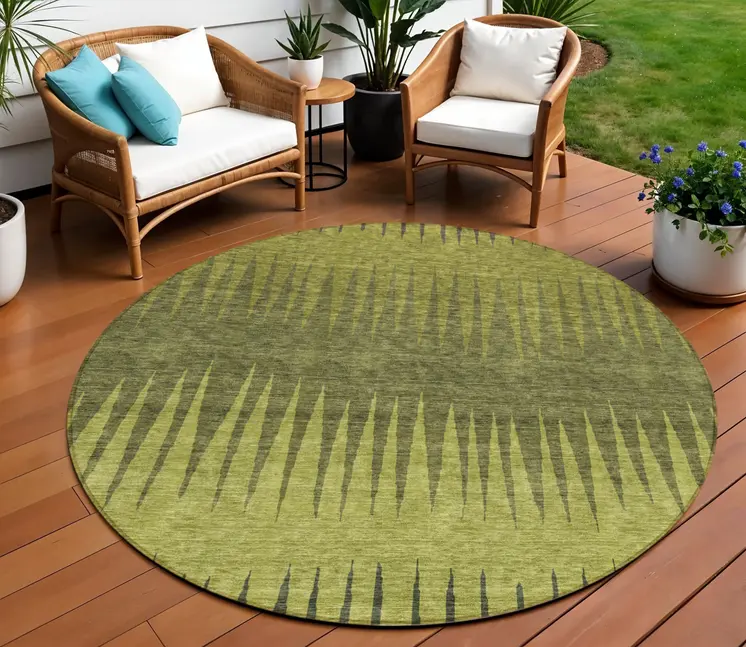 8' Olive Green And Dark Green Round Striped Washable Indoor Outdoor Area Rug
