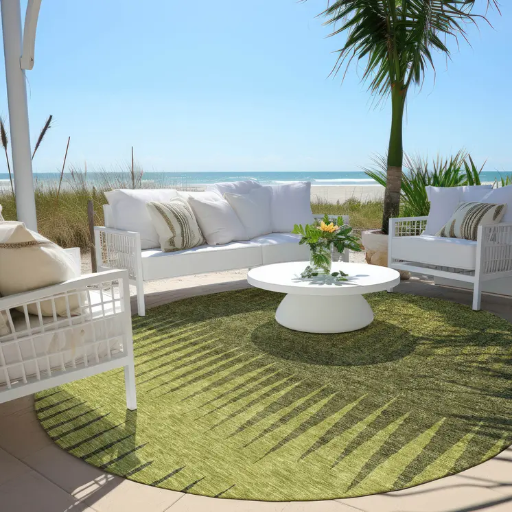 8' Olive Green And Dark Green Round Striped Washable Indoor Outdoor Area Rug