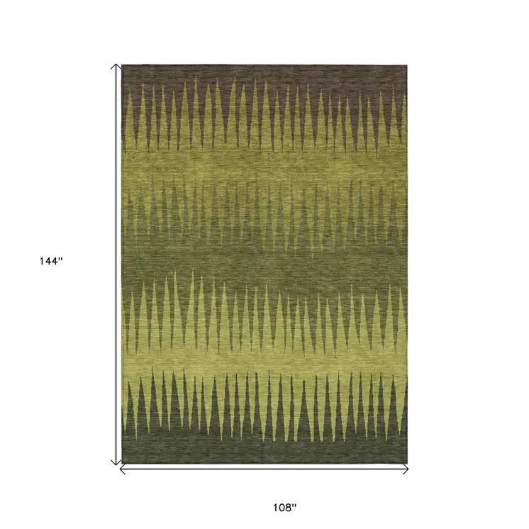 9' X 12' Olive Green Dark Green And Brown Striped Washable Indoor Outdoor Area Rug