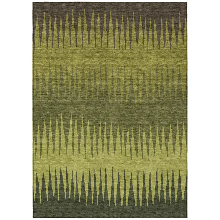 9' X 12' Olive Green Dark Green And Brown Striped Washable Indoor Outdoor Area Rug