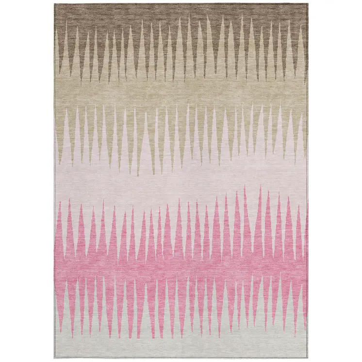 3' X 5' Pink Ivory And Brown Striped Washable Indoor Outdoor Area Rug